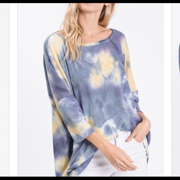 Blue and Yellow Waffle Knit Tie Dye Loose Fit Top - Picture 4 of 7